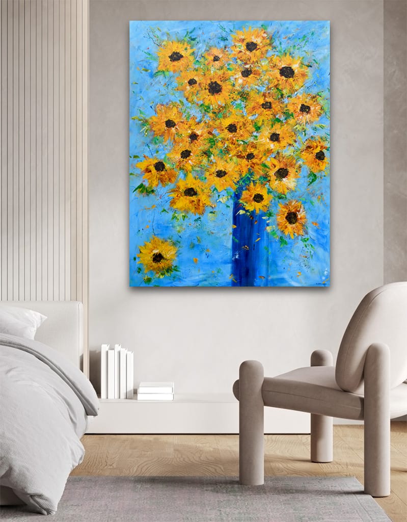 Large impressionist sunflower bouquet painting hand painted with acrylics on canvas 36" x 48"