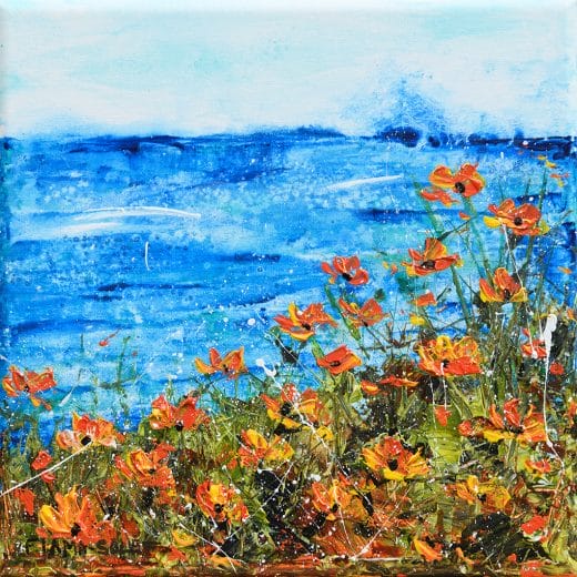 Original seascape painting with California poppies on a small canvas size 8" x 8"