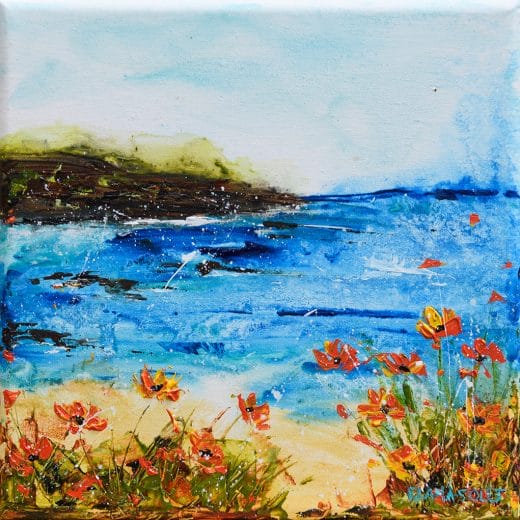 Original seascape painting with California poppy flowers on small canvas size 8" x 8"