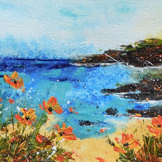 Small original acrylic painting of the California Coast with its poppies on watercolor paper size 5" x 7"