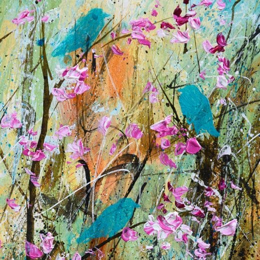 Small contemporary impressionist painting of birds in cherry blossom trees on paper 5" x 7".