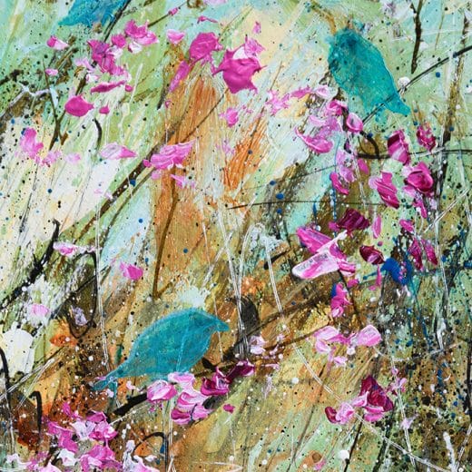 Small contemporary impressionist painting of birds in cherry blossom trees on paper 5" x 7".