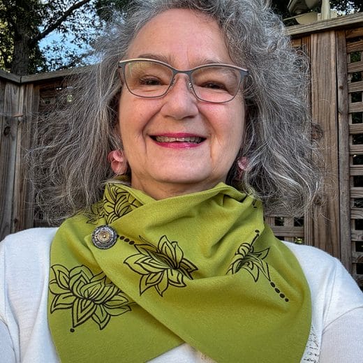 Women's handmade green neck scarf hand printed with brown lotus flowers
