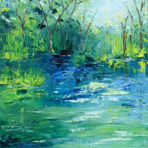 Impressionist landscape painting of a serene river scenery