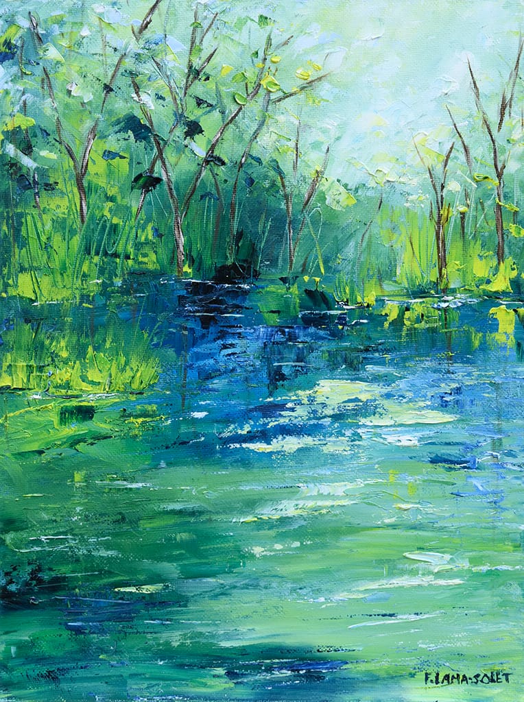 Impressionist landscape painting of a serene river scenery