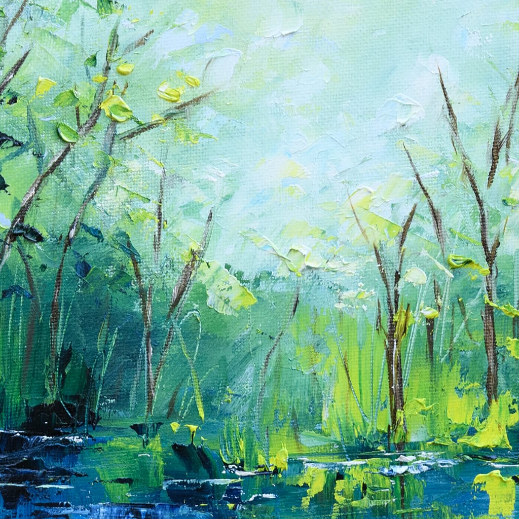 Impressionist landscape painting of a serene river scenery