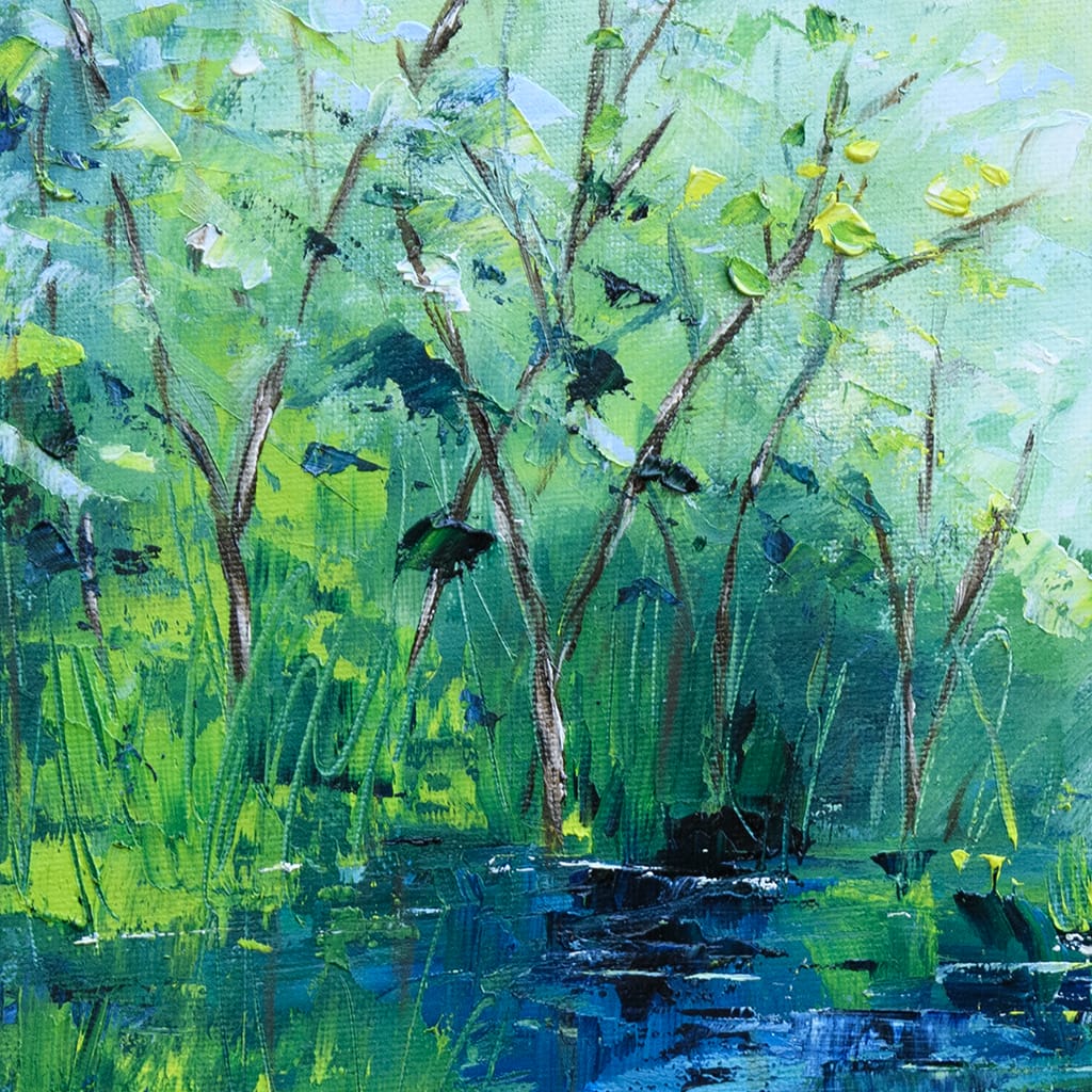 Impressionist landscape painting of a serene river scenery