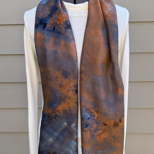 Women's brown and navy blue hand dyed silk scarf