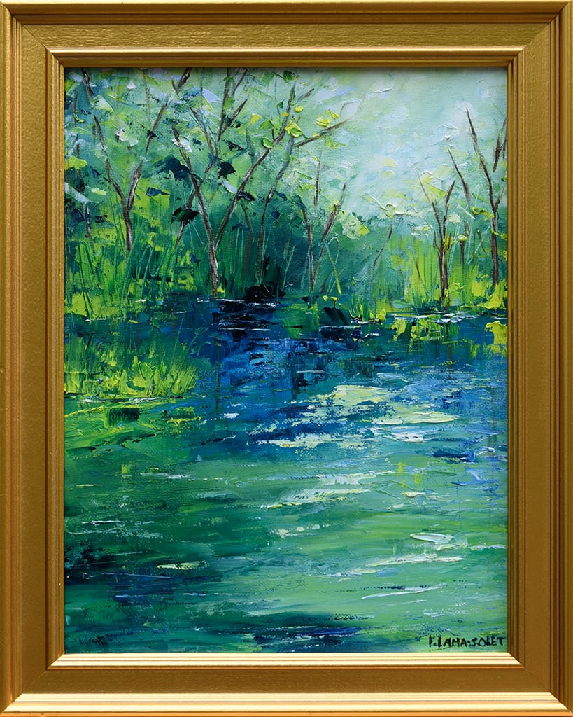 Impressionist landscape painting of a serene river scenery