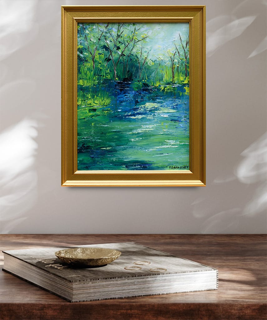 Impressionist landscape painting of a serene river scenery