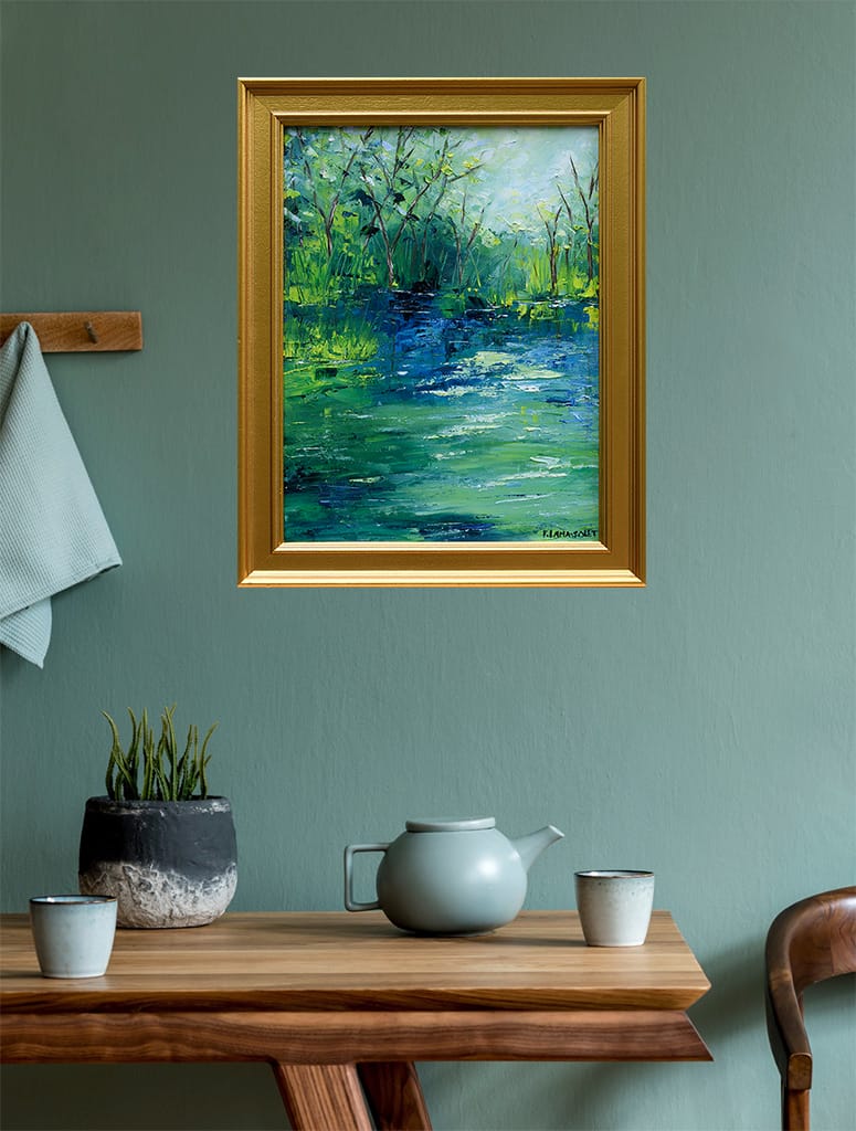 Impressionist landscape painting of a serene river scenery