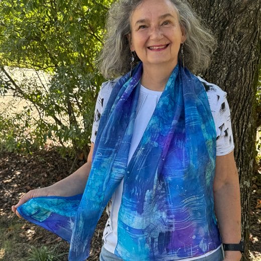 Wearable art hand painted batik blue silk scarf