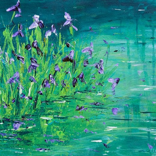 Original impressionist painting on paper of purple irises in a blue and green pond