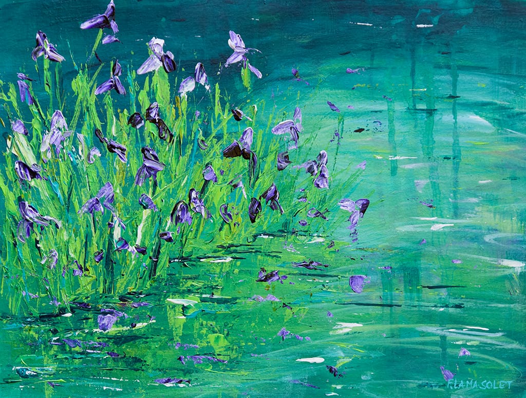 Original impressionist painting on paper of purple irises in a blue and green pond