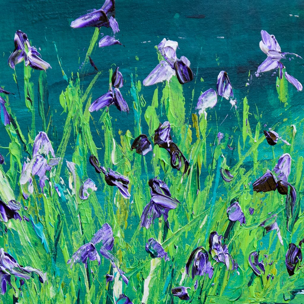 Original impressionist painting on paper of purple irises in a blue and green pond