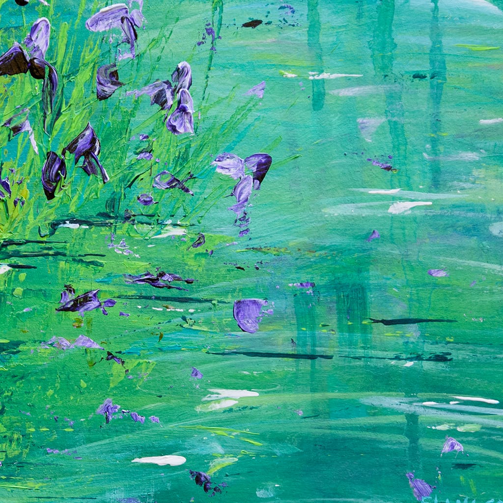 Original impressionist painting on paper of purple irises in a blue and green pond