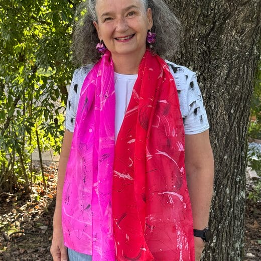 Red and hot pink hand painted abstract batik silk scarf