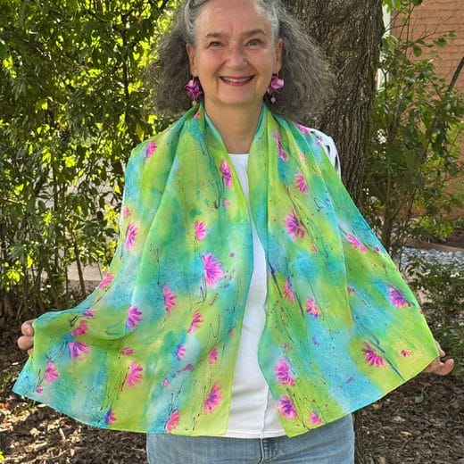 Vibrant waterlily pond hand painted silk scarf