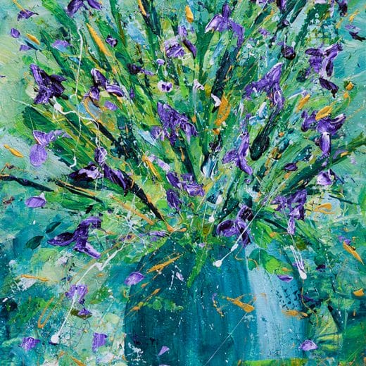 Contemporary impressionist acrylic painting of a bouquet of irises on watercolor paper size 8"x10"