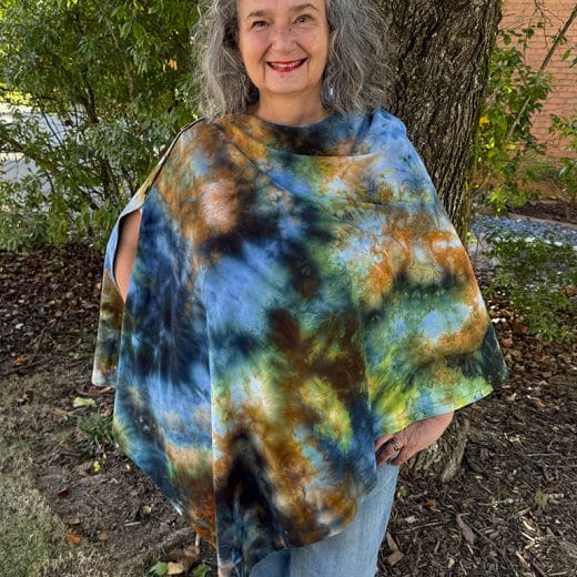 Women handmade and hand ice dyed brown, blue and green poncho