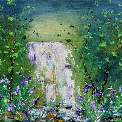 Contemporary impressionist painting of a waterfall with irises