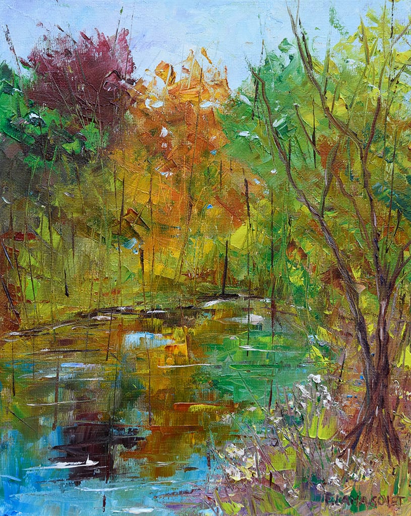 Original oil plein air painting of trees reflecting in a pond with autumnal color palette