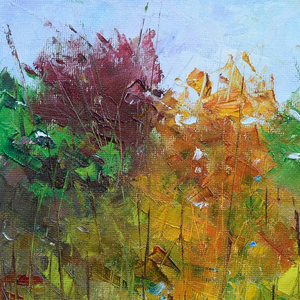 Original oil plein air painting of trees reflecting in a pond with autumnal color palette
