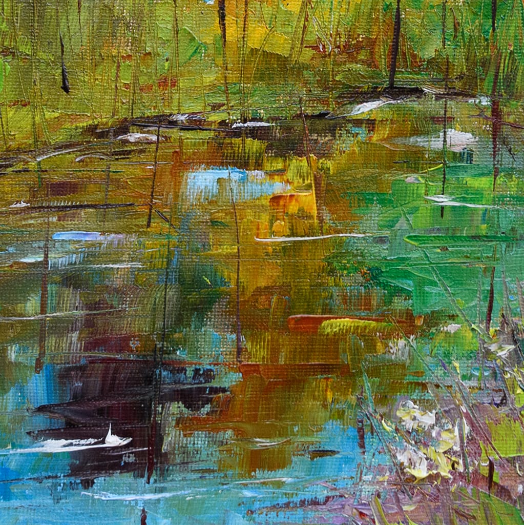Original oil plein air painting of trees reflecting in a pond with autumnal color palette