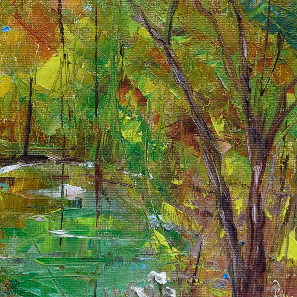 Original oil plein air painting of trees reflecting in a pond with autumnal color palette