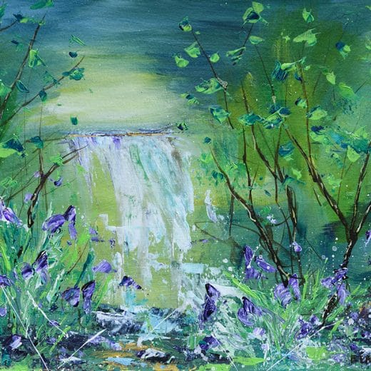 Acrylic Impressionist painting of a waterfall at moonlight and irises
