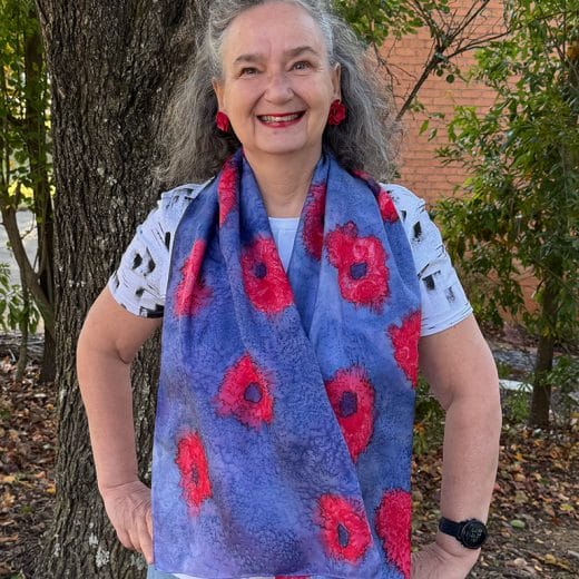 Navy blue and red silk scarf hand painted with poppy flowers