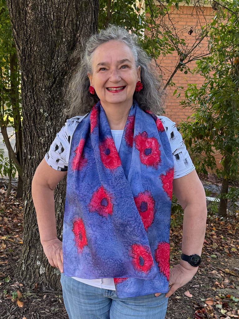 Navy blue and red silk scarf hand painted with poppy flowers