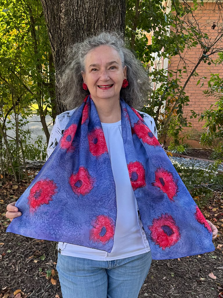 Navy blue and red silk scarf hand painted with poppy flowers