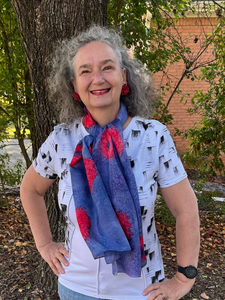 Navy blue and red silk scarf hand painted with poppy flowers