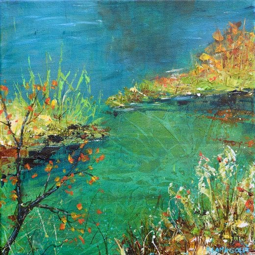 Contemporary Impressionist landscape painting reflecting a pond scenery on canvas size 10" x 10"