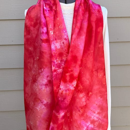 Women's red and pink hand dyed long silk scarf
