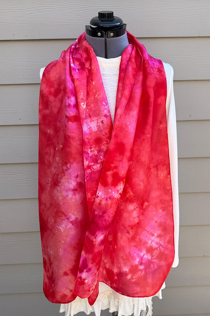 Women's red and pink hand dyed long silk scarf