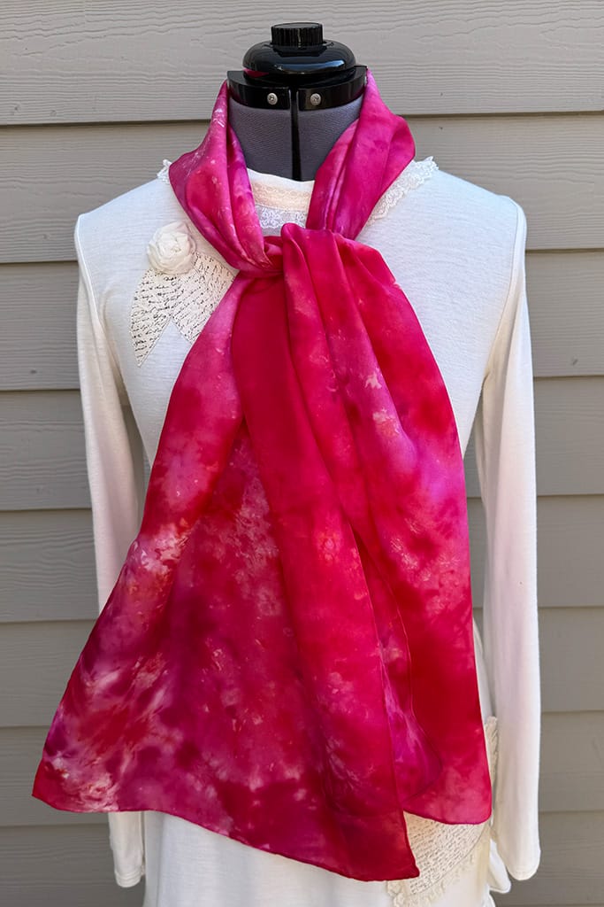 Women's red and pink hand dyed long silk scarf
