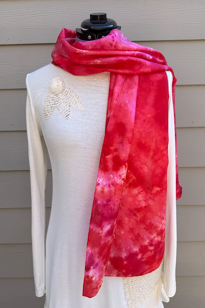 Women's red and pink hand dyed long silk scarf
