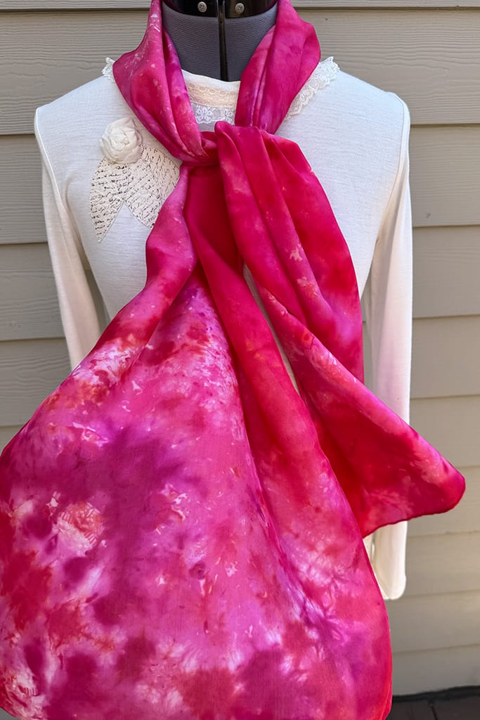 Women's red and pink hand dyed long silk scarf