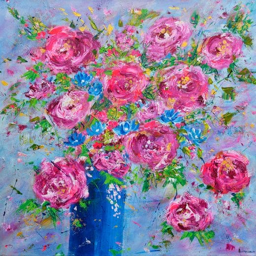 Vibrant original impressionist painting of a bouquet of pink roses on canvas 24x24