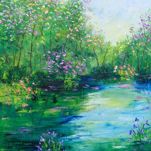 Impressionist oil painting of a river surrounded by flowers on canvas 24" x 30"