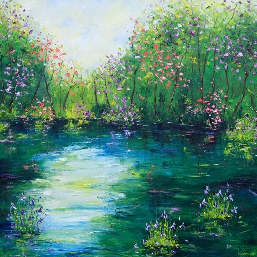 Large original Impressionist oil painting of trees and irises blossoming by the river bank