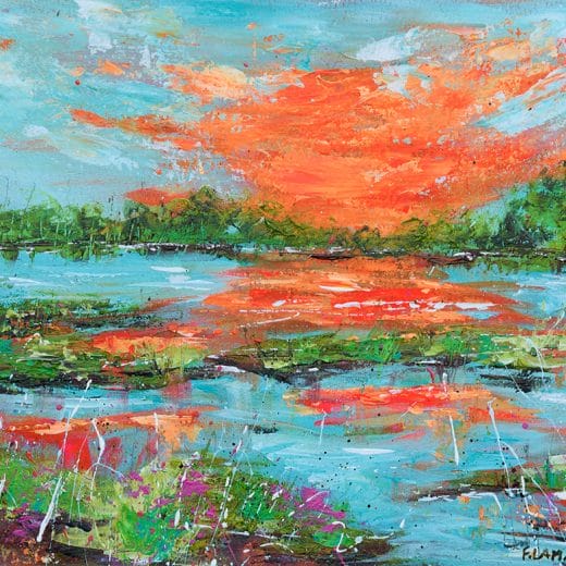 Vibrant original acrylic painting of a sunset on the marshes on paper size 8" x 10"