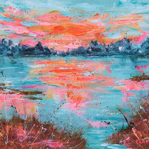 Vibrant acrylic landscape painting pictures a sunrise or sunset on the marshes
