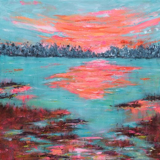 Original acrylic painting of a waterscape featuring a sunrise or sunset on the marshes on canvas size 24" x 30"