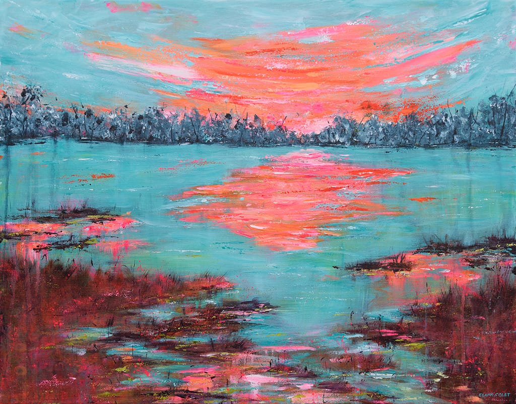 Original acrylic painting of a waterscape featuring a sunrise or sunset on the marshes on canvas size 24" x 30"