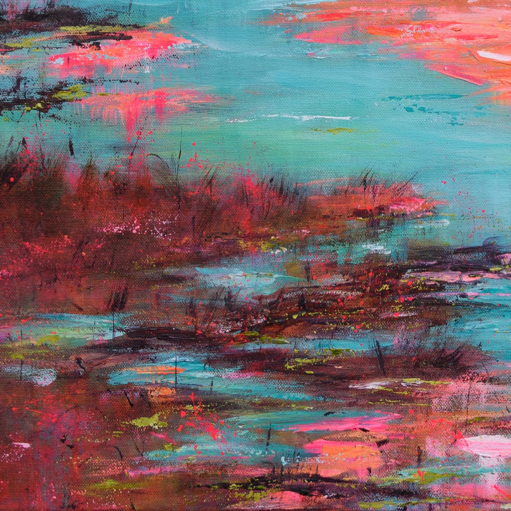 Original acrylic painting of a waterscape featuring a sunrise or sunset on the marshes on canvas size 24" x 30"