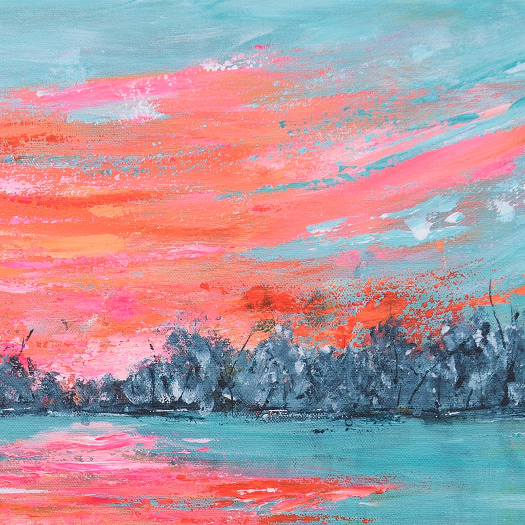 Original acrylic painting of a waterscape featuring a sunrise or sunset on the marshes on canvas size 24" x 30"