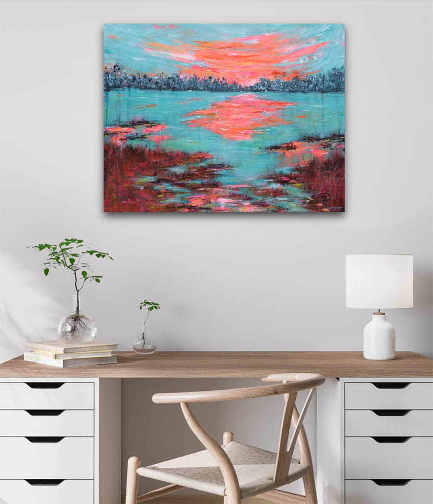 Original acrylic painting of a waterscape featuring a sunrise or sunset on the marshes on canvas size 24" x 30"